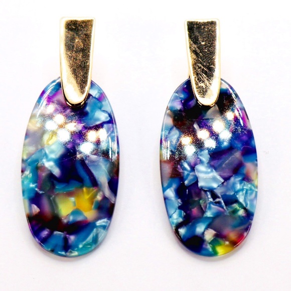 Blue Marble Earrings | Blue Oval Earrings - Picture 1 of 2